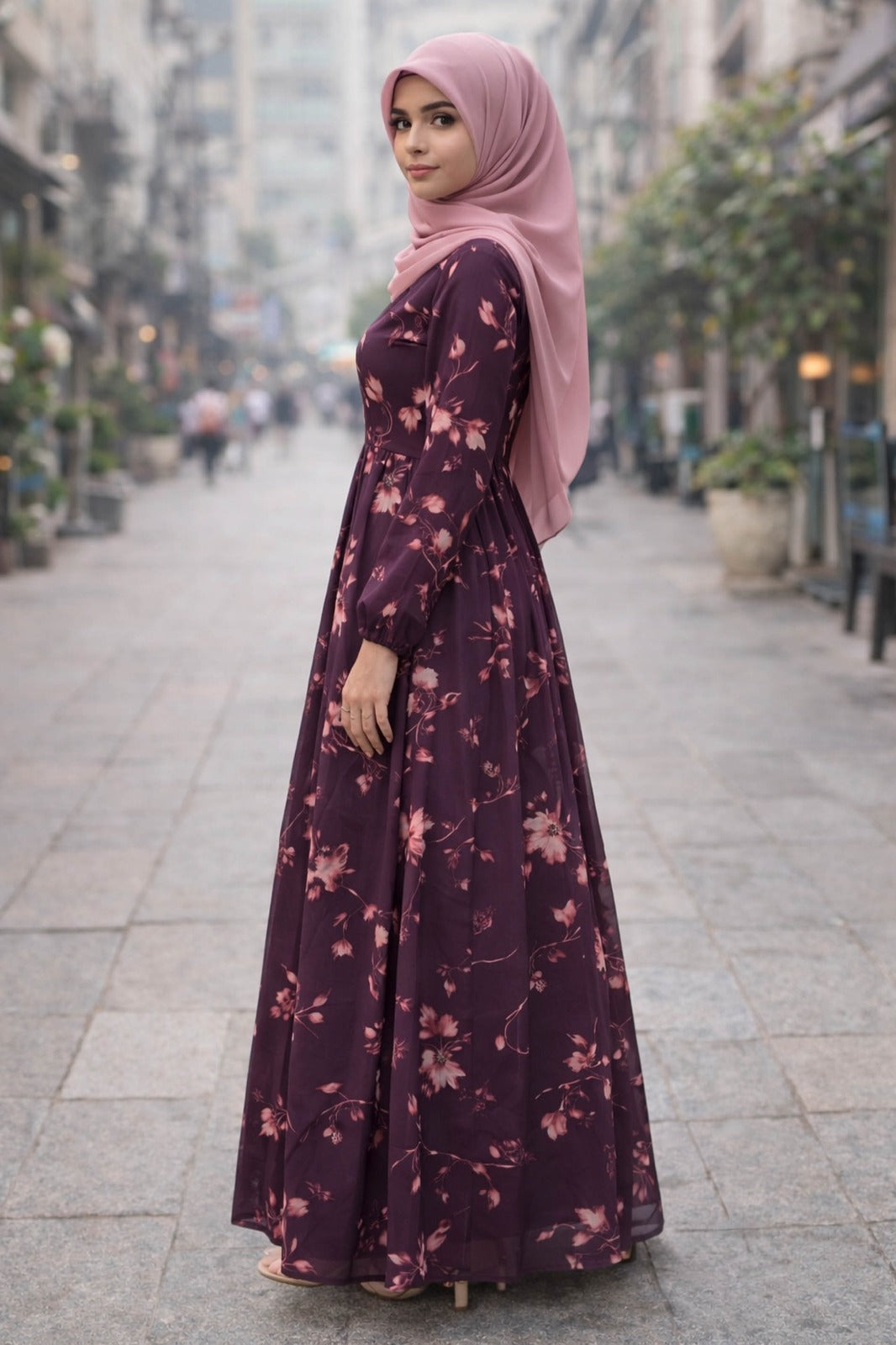 SARINKU Wine Georgette Fabric with crepe lining for no transparency Umbrella Pattern Floral Print Bishop Sleeves with Elastic Cuffs Puff Sleeve Pattern