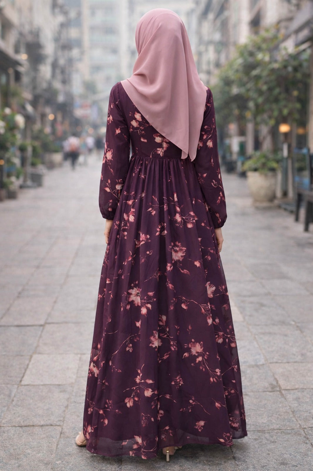 SARINKU Wine Georgette Fabric with crepe lining for no transparency Umbrella Pattern Floral Print Bishop Sleeves with Elastic Cuffs Puff Sleeve Pattern