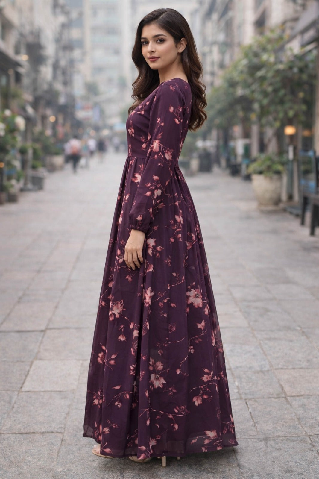 SARINKU Wine Georgette Fabric with crepe lining for no transparency Umbrella Pattern Floral Print Bishop Sleeves with Elastic Cuffs Puff Sleeve Pattern