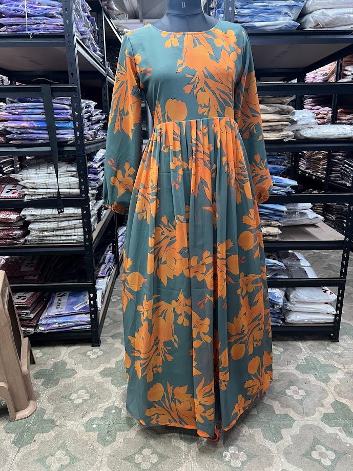 SARINKU Mehndi Orange Georgette Fabric with crepe lining for no transparency Umbrella Pattern Floral Print Bishop Sleeves with Elastic Cuffs Puff Sleeve Pattern Without Dupatta