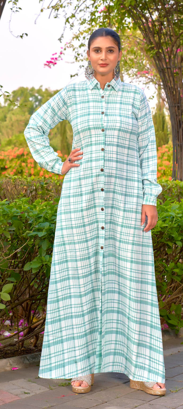 SARINKU green Cotton fabric no transparancy Front Button Open Pattern Chex Print Shirt Style Cuffs Balloon Sleeve Pattern With Pocket Without Dupatta