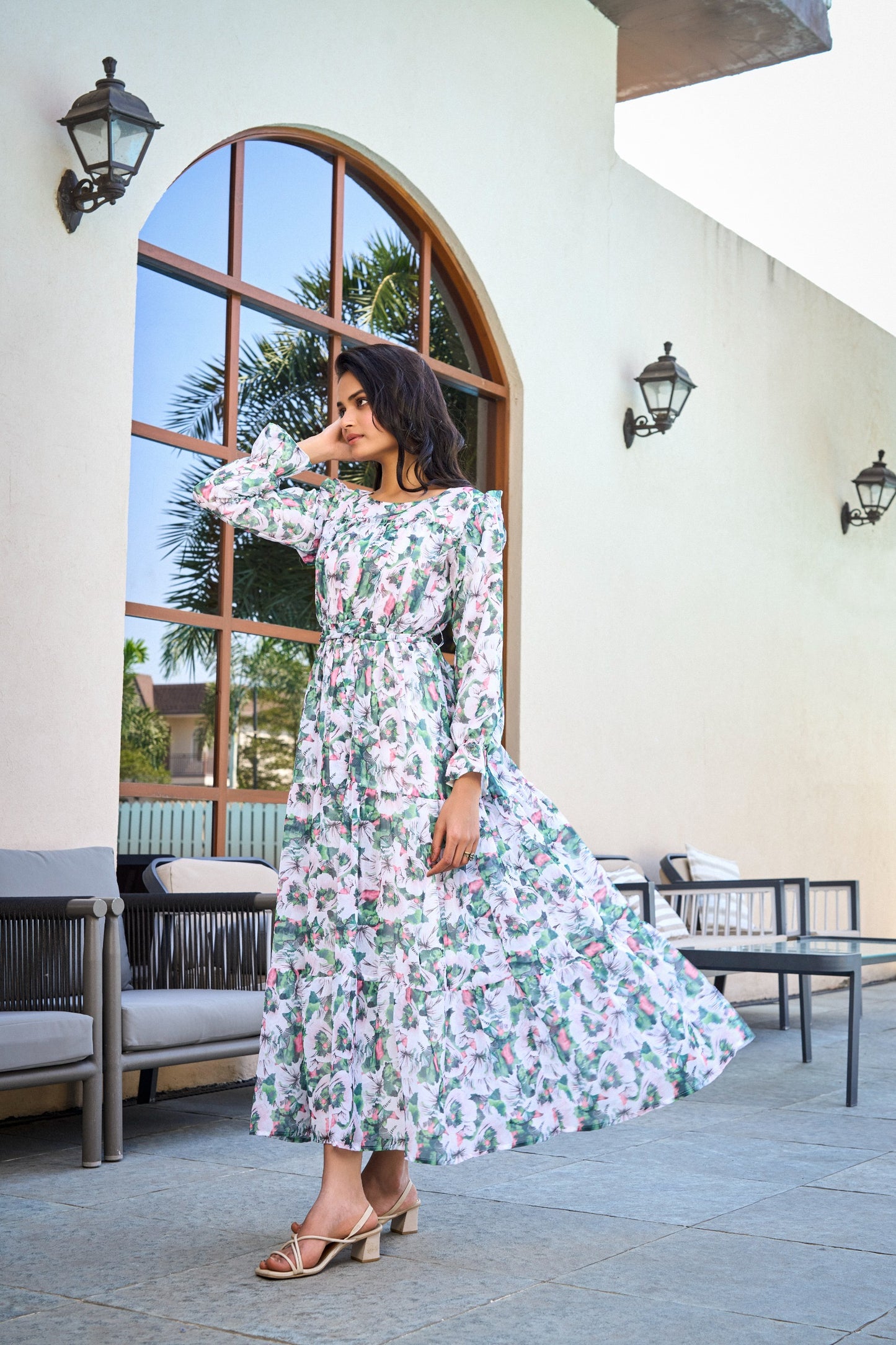 White Floral Print Maxi Dress with Waist Tie & Puff Sleeves