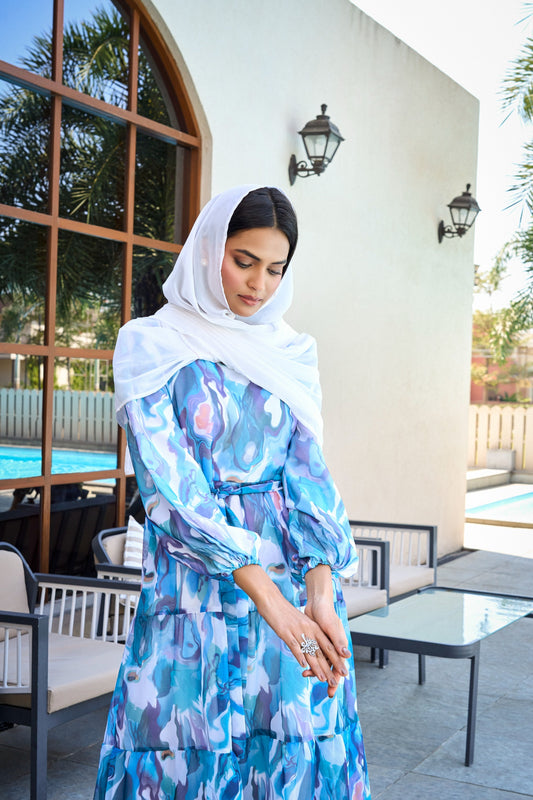 Blue Abstract Print Maxi Dress with Belt – Stylish Full Sleeve Abaya for Women